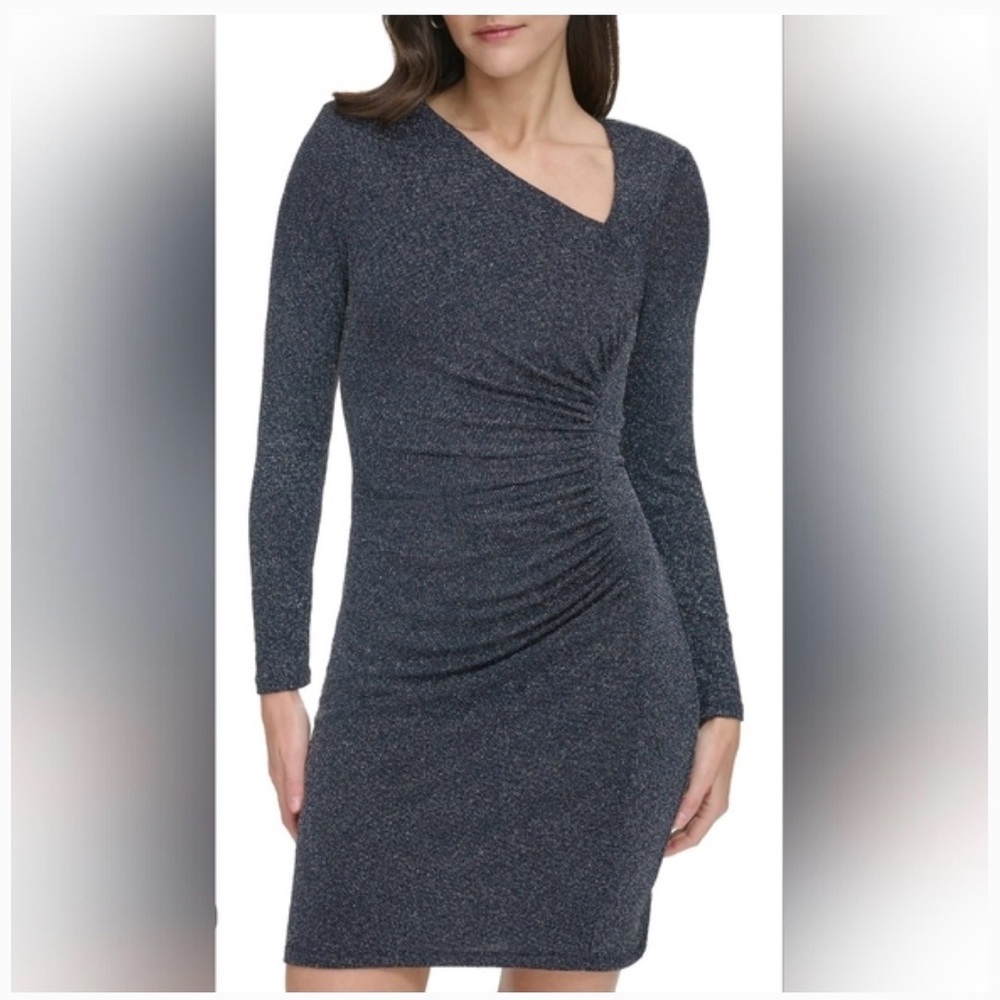 Vince Camuto Elegant Sparkle Blue Long Sleeve Side Ruched Dress 8 NWT
